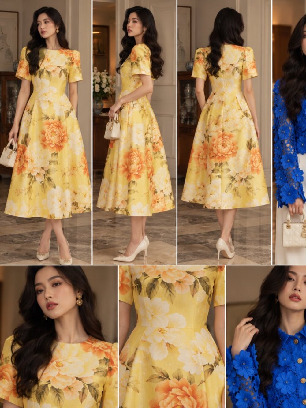 LEO Lin Caroline Yellow Orange Floral Peony Print A-Line Short Sleeve Midi Dress